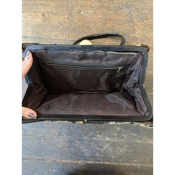 Vintage Black Floral Embroidered Needlepoint Tapestry Purse Handbag Read Below - Picture 7 of 12